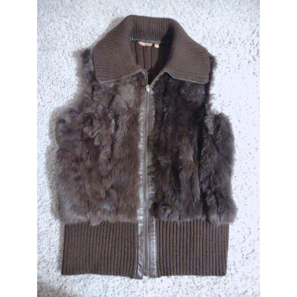 Renee Raquel XL Sweater Vest Rabbit Fur Outer Shell Trim Dark Brown
